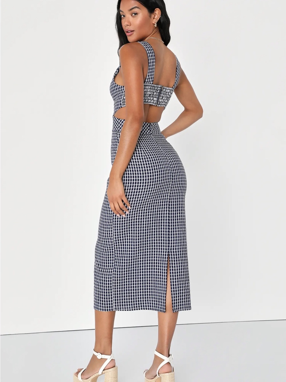 Lulus Charming Inspiration Navy Blue Gingham Backless Midi Dress Size XS